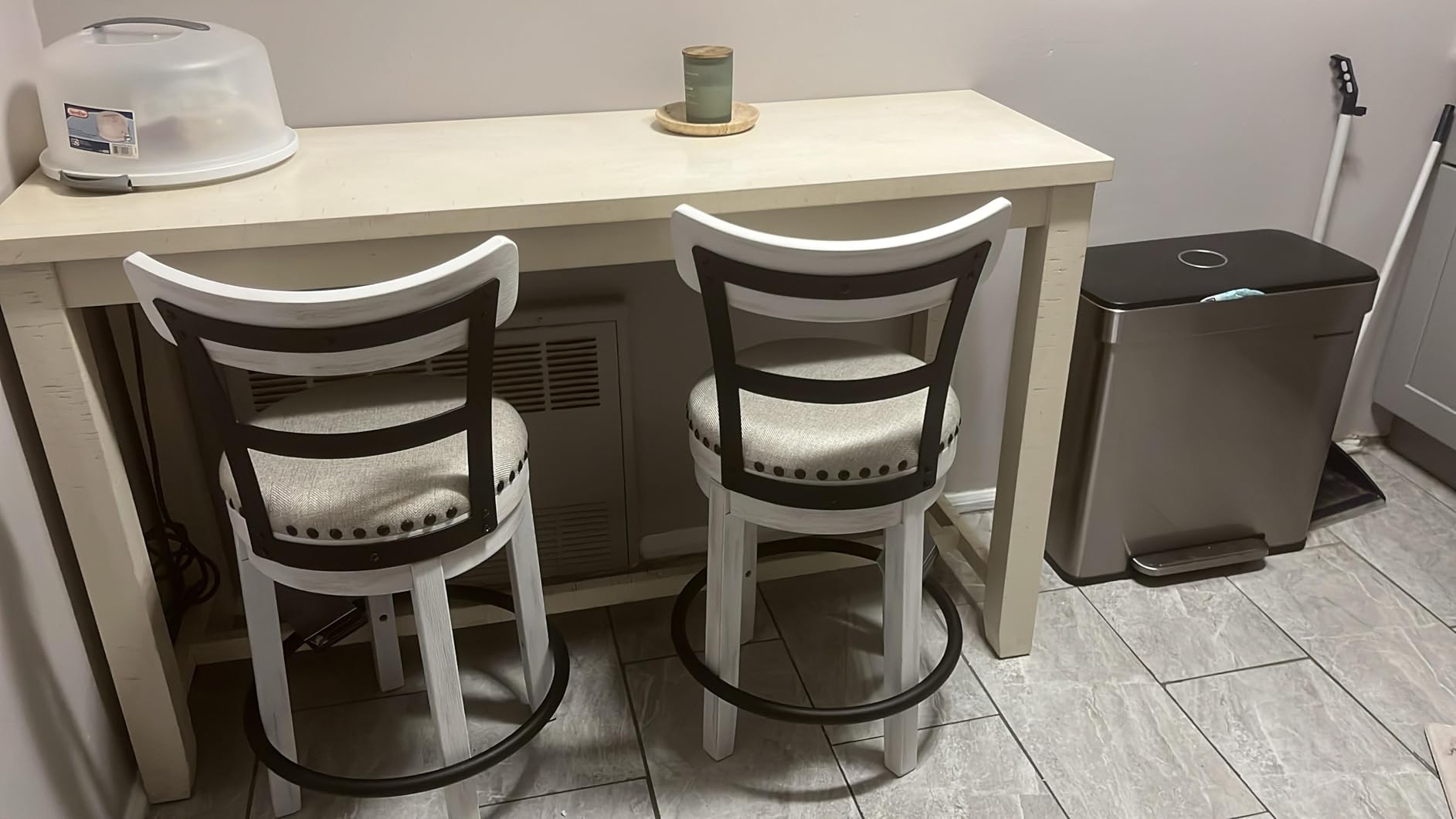 Signature Design by Ashley Valebeck Faux Leather Upholstered Swivel Barstool, Nailhead Trim, Solid Wood, 16.75
