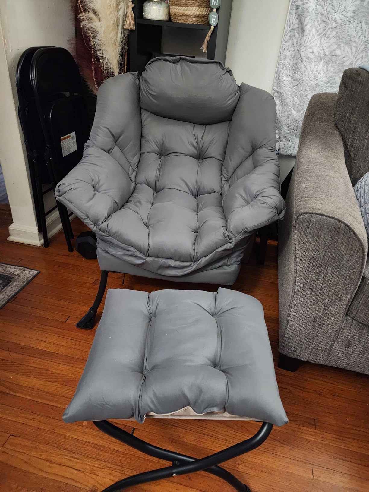Welnow Lazy Chair with Ottoman, Modern Accent Chair with Armrests and a Side Pocket, Leisure Sofa Armchair, Reading Armchair with Footrest for Small Space, Dark Grey customer photo 2