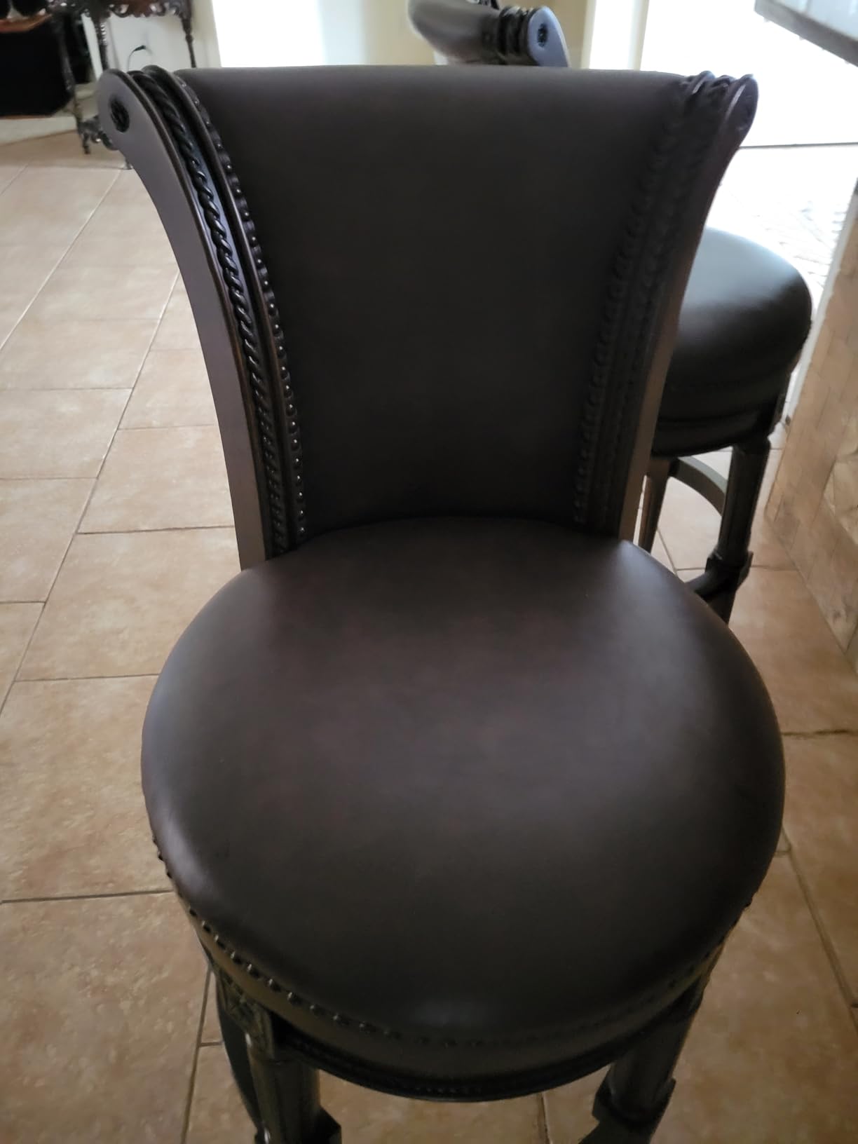Maven Lane Pullman Bar Stool 31 Inches - Set of 2 - Swivel Stools with Footrest - Dark Brown Solid Wood Frame & Brown Faux Leather Upholstery - Perfect for Bars, Pub Tables & Tall Kitchen Counters customer photo 1