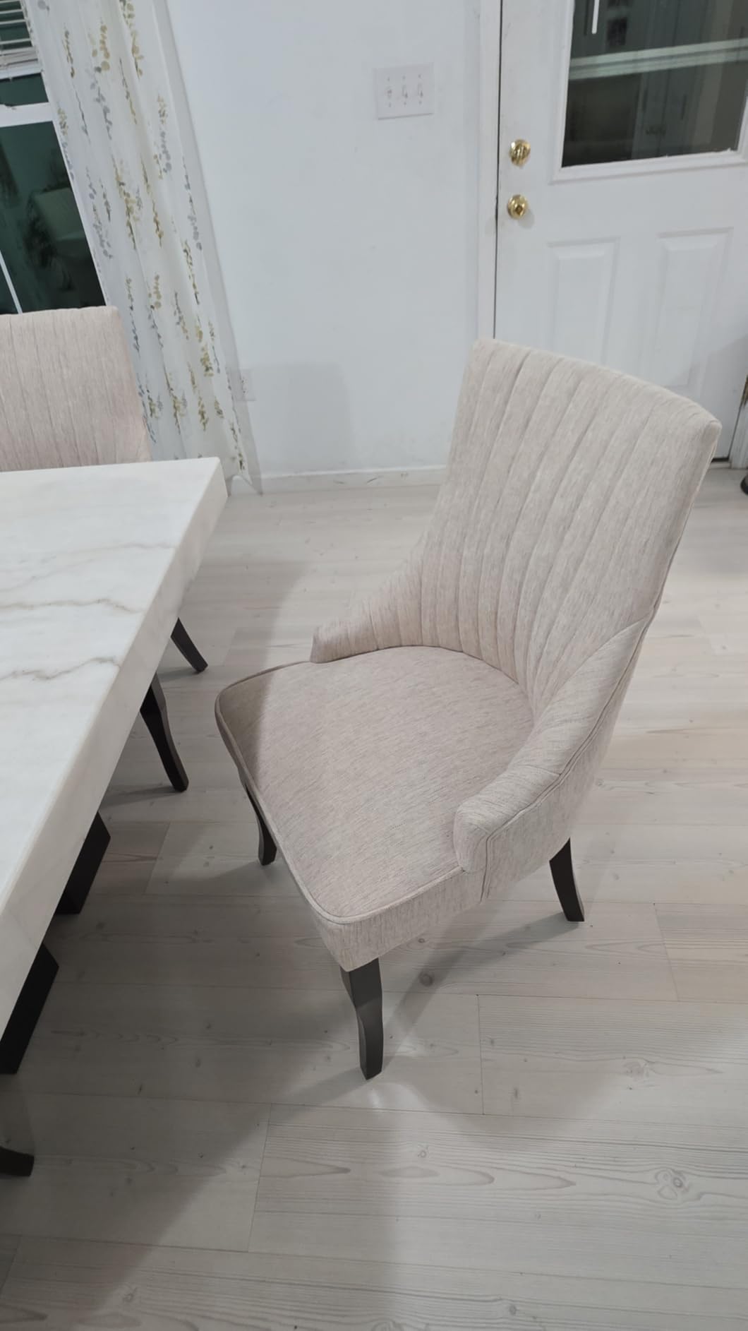 mikibama Linen Dining Chairs Set of 2 Channel Tufted Kitchen Dinner Chair Comfy Fabric Upholstered Accent Chair for Dining Room with Solid Wood Legs, Beige customer photo 1