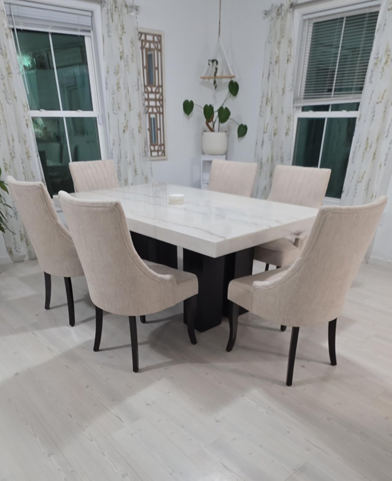 mikibama Linen Dining Chairs Set of 2 Channel Tufted Kitchen Dinner Chair Comfy Fabric Upholstered Accent Chair for Dining Room with Solid Wood Legs, Beige customer photo 2