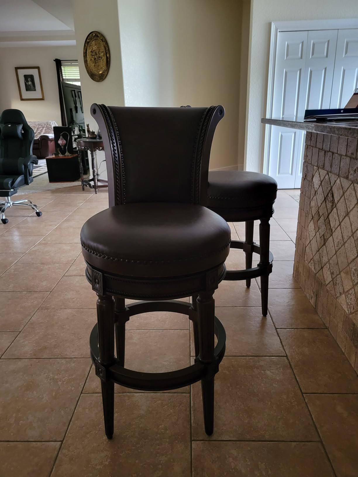 Maven Lane Pullman Bar Stool - 31 Inch Swivel Stool with Footrest - Brown Solid Wood Frame & Brown Faux Leather Upholstery - Perfect for Bars, Pub Tables & Tall Kitchen Counters customer photo 2