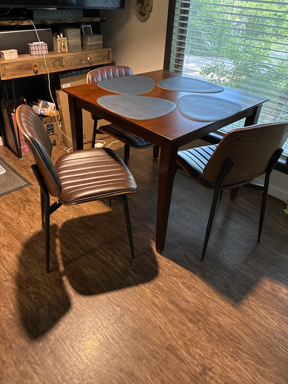 REONEY Dining Chairs Set of 4, Mid-Century Modern Upholstered PU Leather Chairs with Walnut Bentwood Back and Metal Legs Adjustable Feet for Kitchen Dining Room, Black Shell Strips customer photo 1