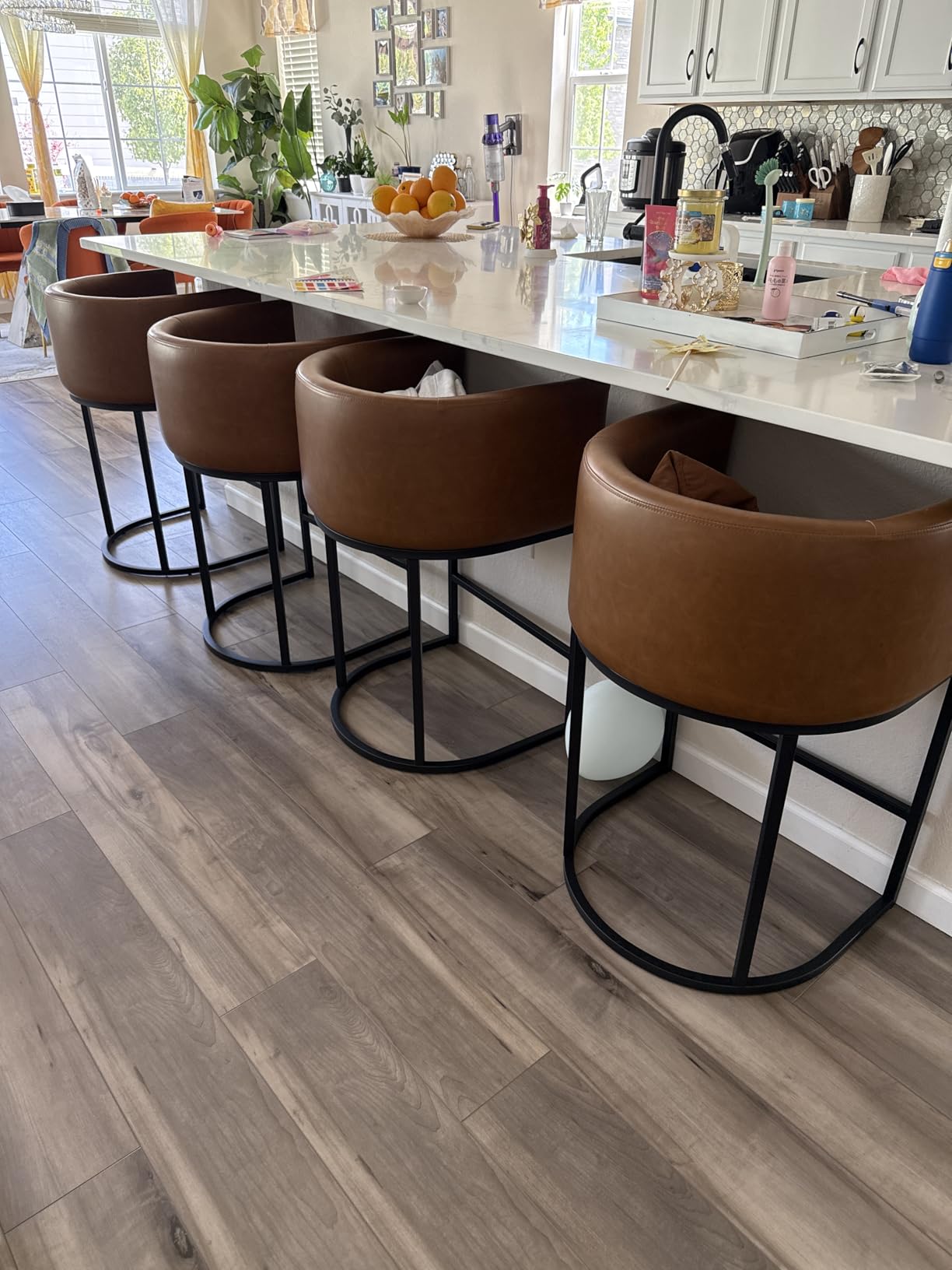 Counter Height Bar Stools Set of 2, Modern Counter Stools for Dining Room, 24 Inch Barstools for Kitchen Island, Faux Leather Bar Stool with Metal Legs and Back Footrest, Brown customer photo 1